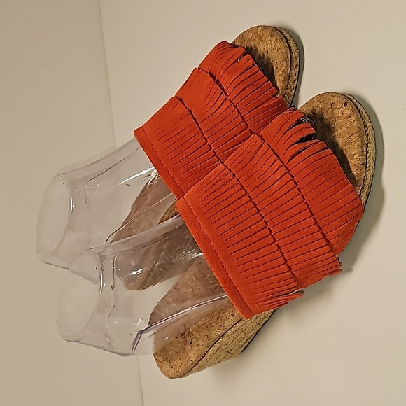 UGG Kendra Wedge Sandals Slides Espadrilles  Suede Leather Fringe Cork Orange 7 - Picture 1 of 16